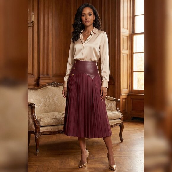 Dresses & Skirts - Faux Leather Pleated Elegant Burgundy Pleated Midi Skirt
